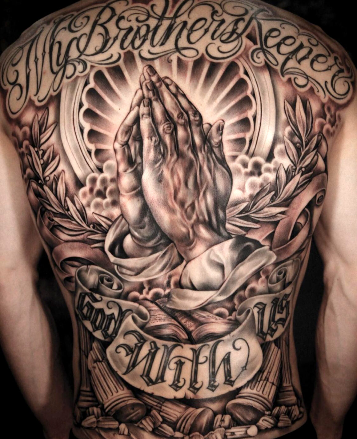Praying Hands Tattoo On Front Shoulder